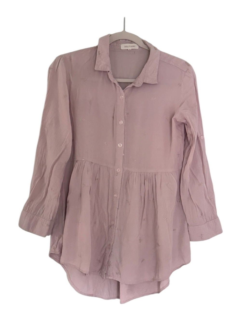 Solitaire Top Womens S Pink Button Up Baby Doll Gold Dragonfly Long Sleeves Boho
